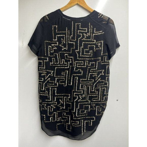 Y2K 3.1 PHILLIP LIM SIZE 2 SMALL BLACK GOLD MAZE EMBROIDERED SEQUINS BLOUSE TOP - Picture 5 of 5